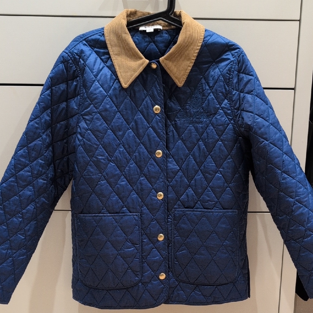 Sporty & Rich Quilted Blue Puffer Jacket with Tan Corduroy Collar